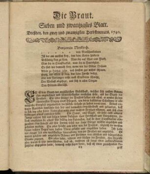 Sieben und zwantzigstes Blatt. [22.09.1740]