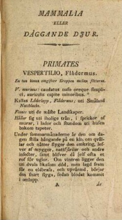 Beskrifning på svenske djur : första classen, om Mammalia eller dåggan de djuren