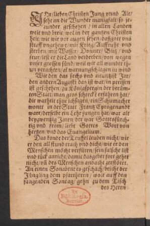 JHr/ lieben Christen Jung vnnd Alt/ || seht an die Wunder manigfalt/