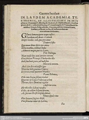 Carmen Seculare IN LAUDEM ACADEIAE TUBINGENSIS.