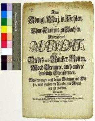 Mandat von Friedrich August II. Kurfürst von Sachsen über die Verfolgung von Räubern und Brandstiftern