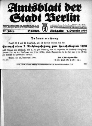 Sonderausgabe, 1. Dezember 1936