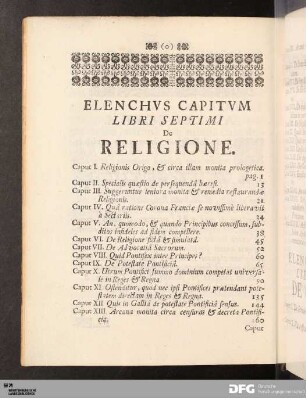 Elenchvs Capitvm Libri Septimi De Religione.