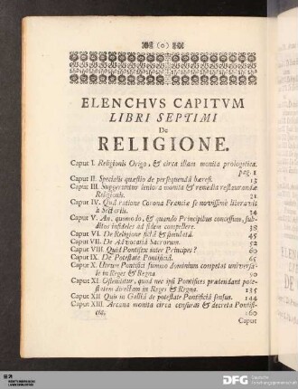 Elenchvs Capitvm Libri Septimi De Religione.