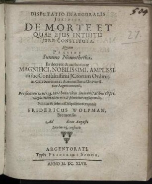 Disputatio Inauguralis Iuridica De Morte Et Quae Eius Intuitu Iure Constituta