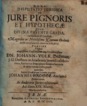Disputatio Iuridica De Iure Pignoris Et Hypothecae