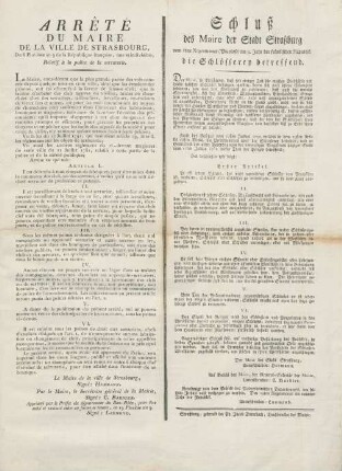 Arrêté du maire de la ville de Strasbourg, du 6 Pluviôse an 9 de la République française, une et indivisible, relatif à la police de la serrurerie