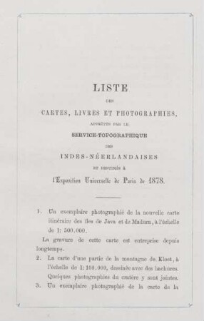 Liste des cartes, livres et photographies, apprêtés par le Service-Topographique ...
