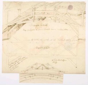 Konstruktion einer Hängebrücke ("Gehengte Brückh"), Grundriss ("ligendt grundt") und kurze Erläuterungen (fein ausgeführte Federzeichnung, Folio)