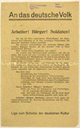 Flugblatt der Liga zum Schutze der deutschen Kultur gegen den Märzaufstand in Folge des Lüttwitz-Kapp-Putsches 1920