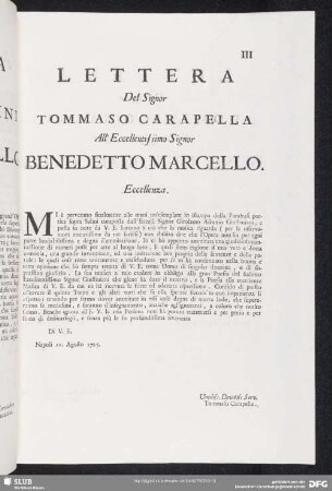 Lettera Tommaso Carapella - Benedetto Marcello