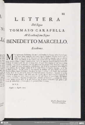 Lettera Tommaso Carapella - Benedetto Marcello