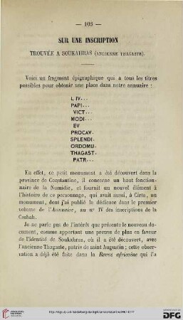 5: Sur une inscription trouvée à Soukahras (ancienne Thagaste)