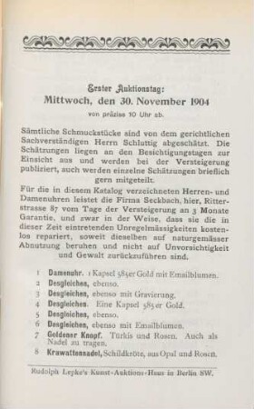 Erster Auktionstag: Mittwoch, den 30. November 1904 von präzise 10 Uhr ab