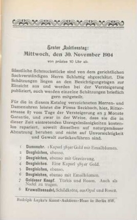 Erster Auktionstag: Mittwoch, den 30. November 1904 von präzise 10 Uhr ab