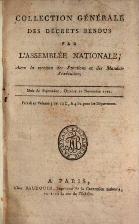 Collection générale des décrets rendus par l'Assemblée Nationale. 31. 1792 = Sept. - Nov.