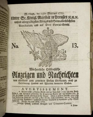 No. 13. Montags, den 23sten Martius 1772.