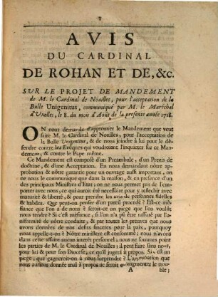 Avis du Cardinal de Rohan sur le Projet de Mandement de M. le Cardinal de Novilles, pour l'acceptation de la Bulle Unigenitus