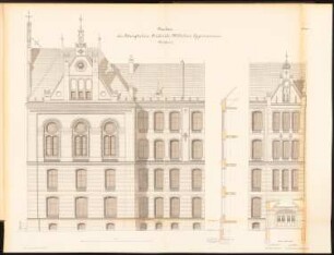 Friedrich-Wilhelm-Gymnasium, Berlin: Westfront, Giebelansicht, Wandschnitt 1:50