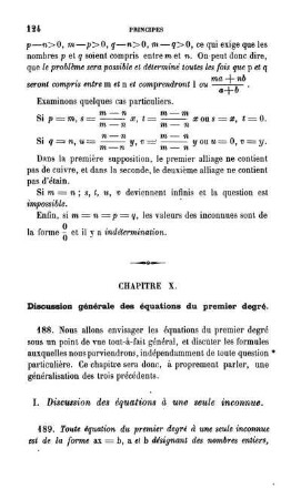Chapitre X. Discussion générale des équaions du premier degré.