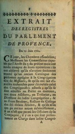 Extrait Des Registres Du Parlement De Provence : Du 19 Juin 1762