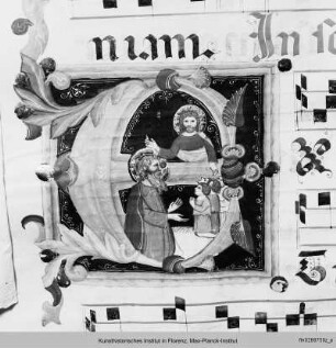 Graduale : Buchseite mit vierzeiligen Neumen, Text und historisierter Initiale mit Fürbitter
