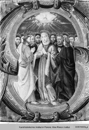 Graduale : Buchseite mit Text, Neumen und historisierter Initiale S(piritus domini), darin die Ausgießung des Heiligen Geistes