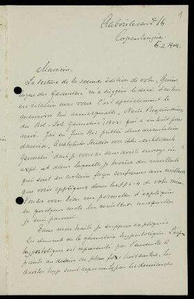 Nr. 1: Brief von Tommy Bonnesen an David Hilbert, Kopenhagen, 5.2.1904