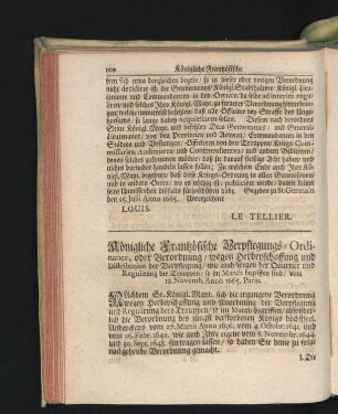 Königliche Französische Verpflegungs-Ordinance, oder Verordnung ... 12. Novemb. Anno 1665.