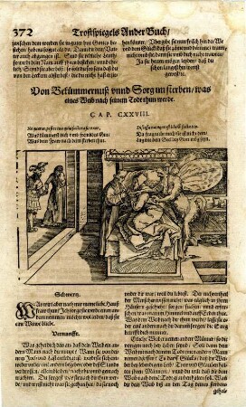Text und Grafik "Von Bekümmernuß unnd Sorg im sterben / was eines Weib nach seinem Todt thun werde. CAP CXXVIII."