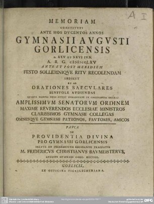 Memoriam Constituti Ante Hos Ducentos Annos Gymnasii Augusti Gorlicensis ...