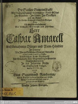 Die selige Gemeinschaft aller Rechtgläubigen ... in welcher sich ... Caspar Amarell ... befunden ...