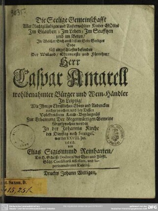 Die selige Gemeinschaft aller Rechtgläubigen ... in welcher sich ... Caspar Amarell ... befunden ...