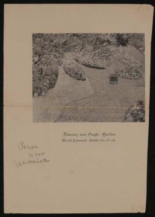 Katalogblatt von Ottonie von Degenfeld an Hofmannsthal mit Gartenbild von Vincent van Gogh und Théodore Géricault: Der Kürassier