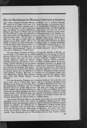 Über die Beziehungen der Moskauer Lutheraner zu Hamburg