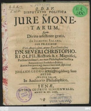 Disputatio Politica De Iure Monetarum