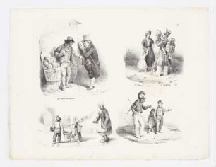 Melonenverkäufer, Speisung eines Boten, Fischerfamilie und Gespräch zwischen einem Militärangehörigen und zwei Kindern, Blatt 2 der Folge "Deuxième série de Croquis de 1829"
