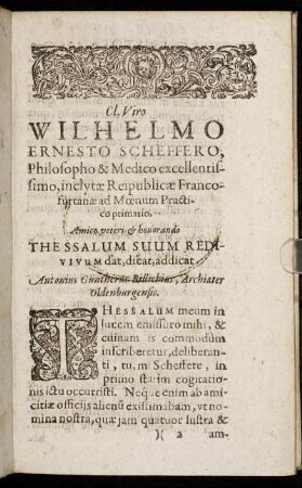 Viro Wilhelmo Ernesto Scheffero, Philosopho & Medico ... Reipublicae Francofurtanae ...