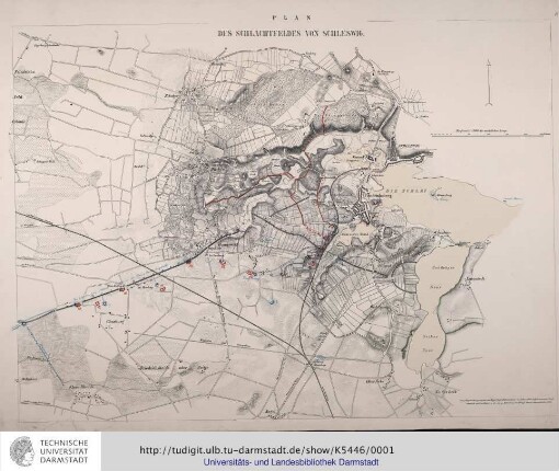 Plan des Schlachtfeldes von Schleswig. Unter Zugrundelegung des von Major Vogel v. Falkenstein 1848 aufgen.Plans erw.in d.topogr.Abth.des K.Preuss.Generalstabes 1863. [Berlin: Schropp,1864][Mit zahlr.handgez.Ämderungen; siehe K 5442]