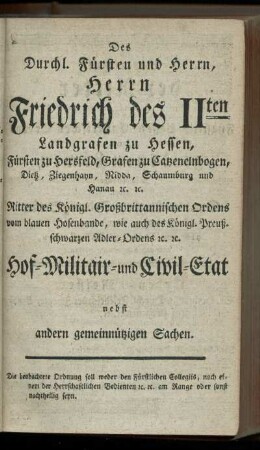 Hof- Militair- und Civil-Etat nebst andern gemeinnuetzigen Sachen