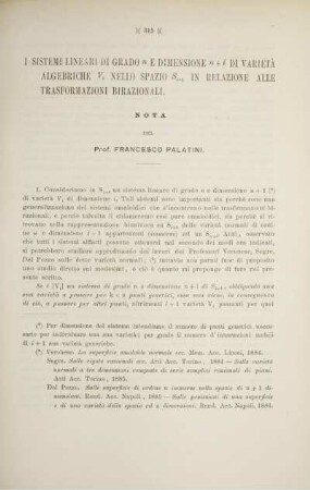I sistemi lineari di grado ... e dimensione ... di varietà algebriche V nello spazio ... in relazione alle transformazioni birazionali.