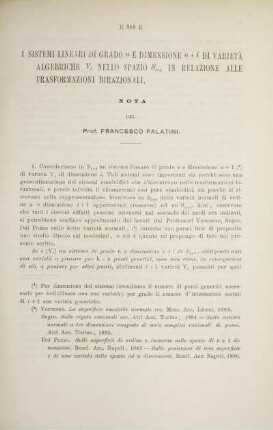 I sistemi lineari di grado ... e dimensione ... di varietà algebriche V nello spazio ... in relazione alle transformazioni birazionali.