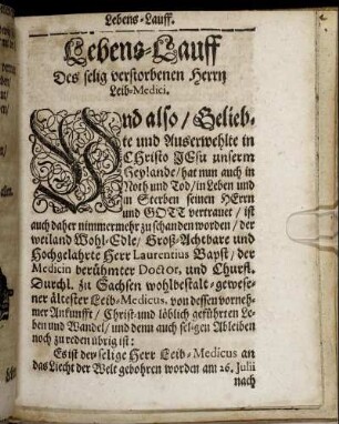 Lebens-Lauff Des selig verstorbenen Herrn Leib-Medici.