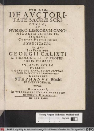 De Auctoritate Sacrae Scripturae, Et Numero Librorum Canonicorum Veteris Testamenti Contra Pontificios Exercitatio