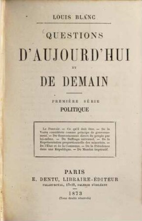 Questions d'aujourd'hui et de demain, I