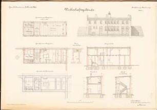Amtsgericht und Gefängnis, Lublinitz: Wirtschaftsgebäude: Grundrisse OG, EG, Fundamente, Ansicht, Längsschnitt, 2 Schnitte 1:100