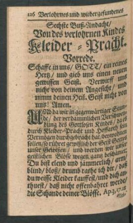 Sechste Buß-Andacht/ Von des verlohrnen Kindes Kleider-Pracht