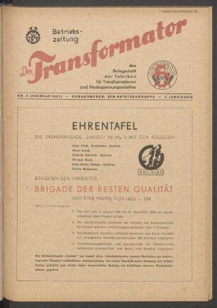 TRO-Betriebszeitung 'Der Transformator'; Nr. 2/1951 (Februar 1951)