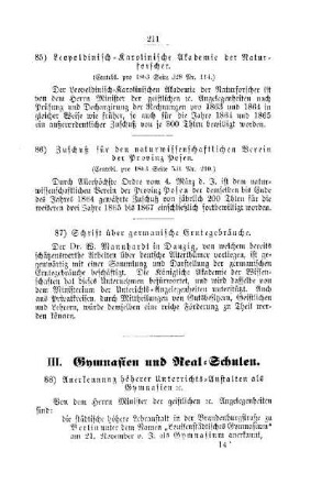 Anerkennung höherer Unterrichts-Anstalten als Gymnasien etc. : [III. Gymnasien und Realschulen]