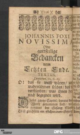 Johannis Foxi Novissima, Oder gottseelige Gedancken vom Letzten Ende.